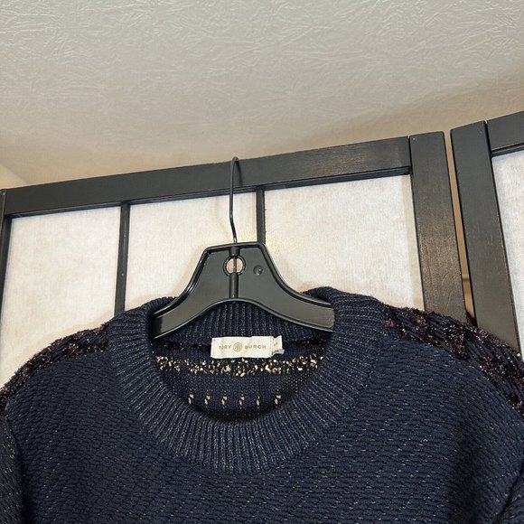Tory Burch Sweater Stripe Metallic Merino Wool Alpaca Blend Danielle Navy Thick - Picture 5 of 11